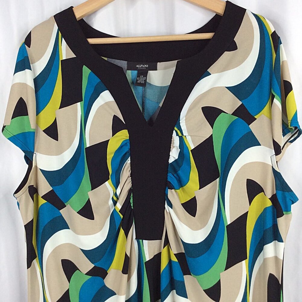 Alfani Geometric Stretch Womens 2X Dress Notch Neck Cap Sleeve Sheath Bodycon - Picture 4 of 8